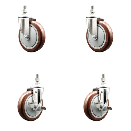 Service Caster 5 Inch 316SS Maroon Polyurethane 3/8 Inch Threaded Stem Caster Brakes SCC, 2PK SS316TS20S514-PPUB-MRN-381615-2-TLB2